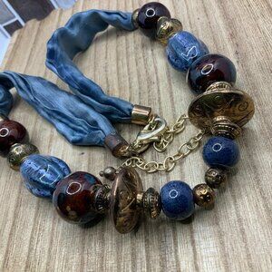 Chico's Glass Beaded Blue Brown Boho Silk Gold Tone Necklace